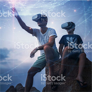 Man and his child wearing VR