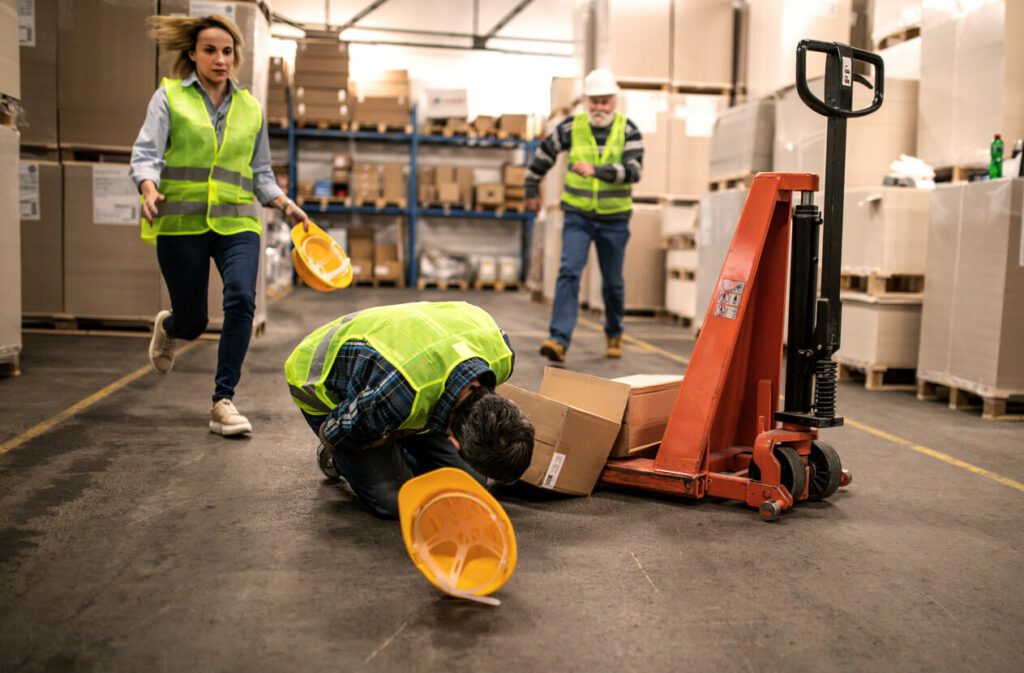 Warehouse worker after an accident in a warehouse