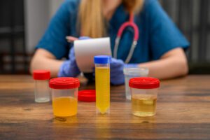 Clinical examination, in a an Alcohol & Drug Testing center, where a doctor sits at a desk surrounded by samples in plastic containers.